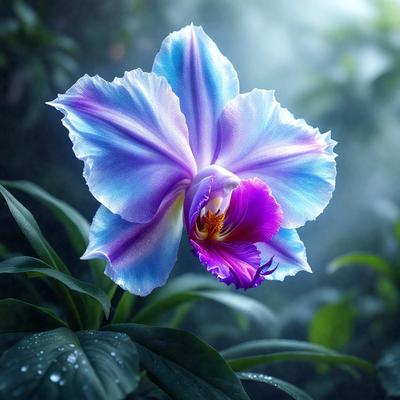 The primary subject of the image is a large, colorful flower with purple and blue petals. The flower is situated in a forest setting, surrounded by green plants and trees. The visual style of the image is a combination of photo and digital art, creating a vibrant and lush atmosphere. The dominant colors in the image are purple, blue, and green, with the flower being the focal point of the scene.